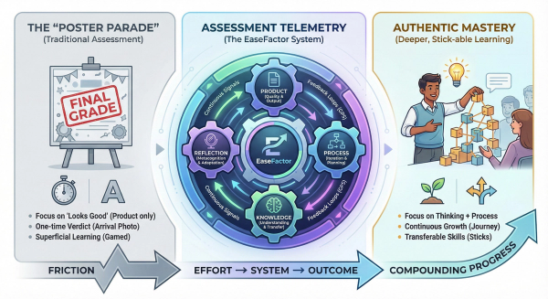 Infographic that compares traditional assessment, termed the "Poster Parade," with the EaseFactor System of assessment telemetry, illustrating how a shift from static grading to continuous feedback loops leads to Authentic Mastery.