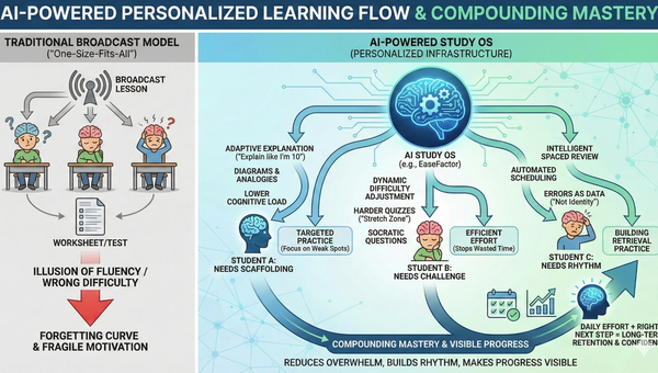 An infographic comparing a "Traditional Broadcast Model" that leads to the forgetting curve through one-size-fits-all instruction, versus an "AI-Powered Study OS" that creates compounding mastery by personalizing explanations, difficulty, and review schedules for individual student needs.