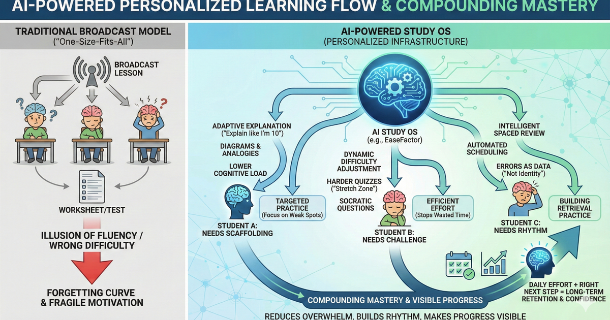 An infographic comparing a "Traditional Broadcast Model" that leads to the forgetting curve through one-size-fits-all instruction, versus an "AI-Powered Study OS" that creates compounding mastery by personalizing explanations, difficulty, and review schedules for individual student needs.