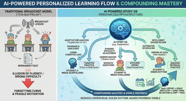 An infographic comparing a "Traditional Broadcast Model" that leads to the forgetting curve through one-size-fits-all instruction, versus an "AI-Powered Study OS" that creates compounding mastery by personalizing explanations, difficulty, and review schedules for individual student needs.
