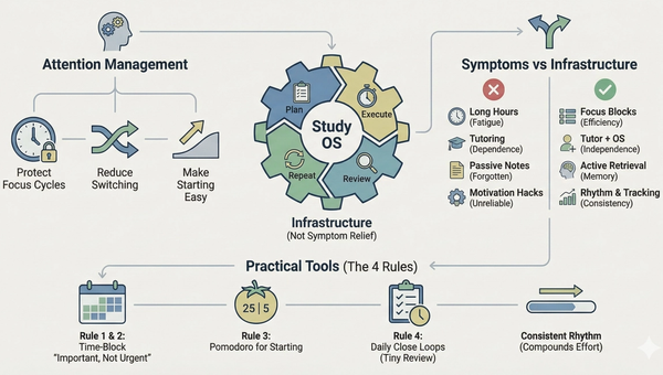 Infographic for "Study OS," a learning framework prioritizing infrastructure over quick fixes. It features a Plan-Execute-Review-Repeat cycle and tools like time-blocking to manage attention and build a consistent, compounding study rhythm.