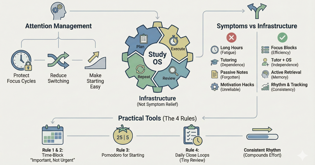 Infographic for "Study OS," a learning framework prioritizing infrastructure over quick fixes. It features a Plan-Execute-Review-Repeat cycle and tools like time-blocking to manage attention and build a consistent, compounding study rhythm.