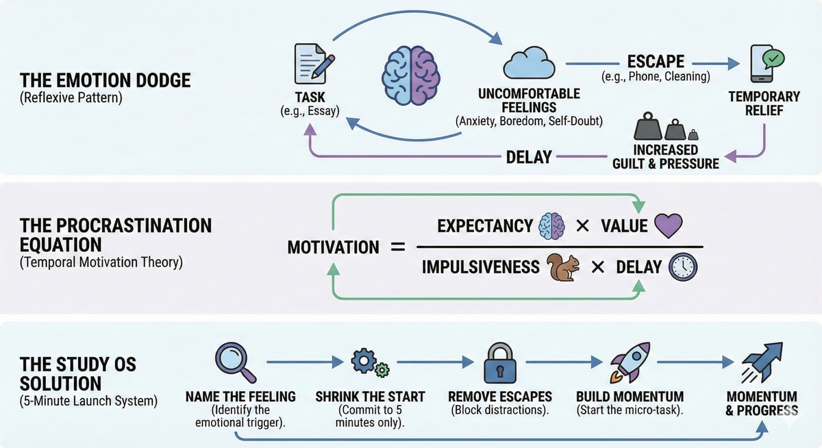 Infographic illustrating The Emotion Dodge pattern, showing how procrastination works as emotion regulation—the brain avoids uncomfortable feelings, not the task