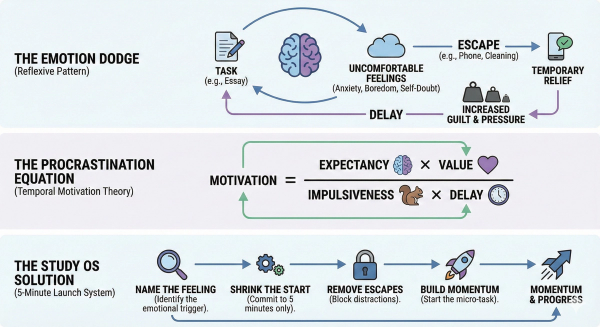 Infographic illustrating The Emotion Dodge pattern, showing how procrastination works as emotion regulation—the brain avoids uncomfortable feelings, not the task