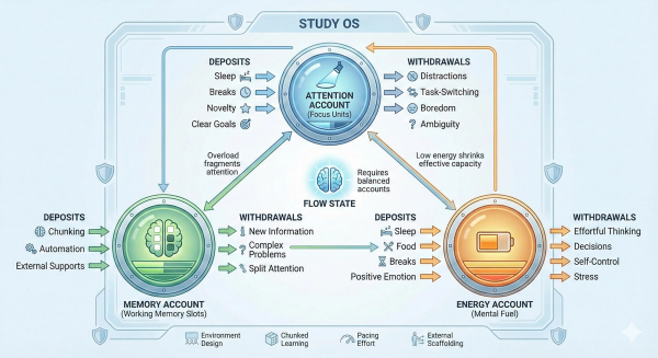 Infographic illustrating the Cognitive Budget framework with three mental accounts: Attention, Memory, and Energy, showing how each resource affects learning and study sessions