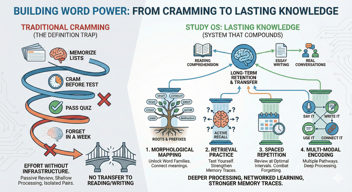 Infographic illustrating the vocabulary learning framework with morphological mapping, showing how word roots unlock entire word families through retrieval practice and spaced repetition