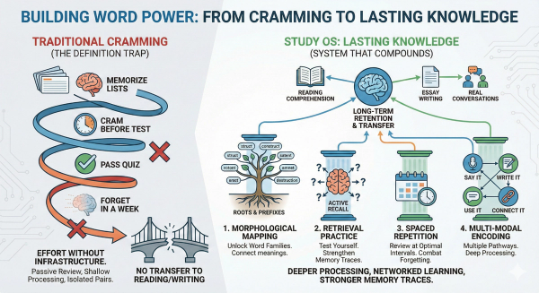 Infographic illustrating the vocabulary learning framework with morphological mapping, showing how word roots unlock entire word families through retrieval practice and spaced repetition