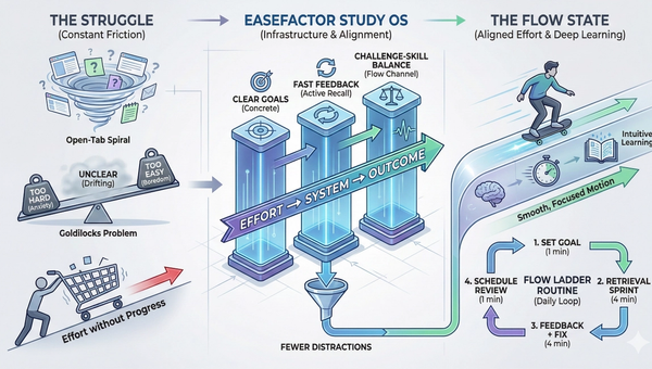 Infographic showing a three-part journey: on the left, ‘The Struggle’ with a stressed student surrounded by scattered notes, open tabs, and a ticking clock (overwhelm, distraction, unclear goals). In the center, ‘EaseFactor Study OS’ depicted as a structured dashboard with a clear goal, a short active-recall quiz, quick feedback, and a spaced-review schedule (Effort → System → Outcome). On the right, ‘Flow State’ showing a calm, focused student with a steady progress bar and fewer distractions, representing clear goals, fast feedback, and the right challenge level.