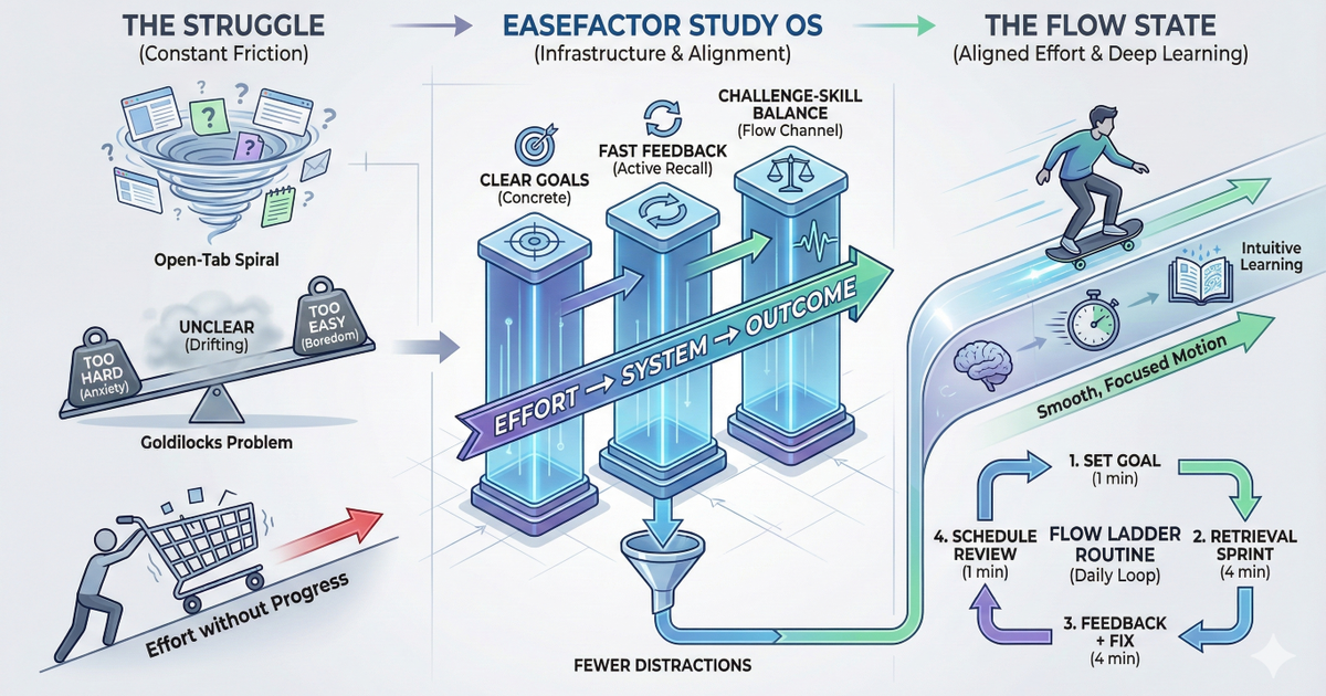 Infographic showing a three-part journey: on the left, ‘The Struggle’ with a stressed student surrounded by scattered notes, open tabs, and a ticking clock (overwhelm, distraction, unclear goals). In the center, ‘EaseFactor Study OS’ depicted as a structured dashboard with a clear goal, a short active-recall quiz, quick feedback, and a spaced-review schedule (Effort → System → Outcome). On the right, ‘Flow State’ showing a calm, focused student with a steady progress bar and fewer distractions, representing clear goals, fast feedback, and the right challenge level.