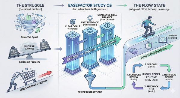 Infographic showing a three-part journey: on the left, ‘The Struggle’ with a stressed student surrounded by scattered notes, open tabs, and a ticking clock (overwhelm, distraction, unclear goals). In the center, ‘EaseFactor Study OS’ depicted as a structured dashboard with a clear goal, a short active-recall quiz, quick feedback, and a spaced-review schedule (Effort → System → Outcome). On the right, ‘Flow State’ showing a calm, focused student with a steady progress bar and fewer distractions, representing clear goals, fast feedback, and the right challenge level.