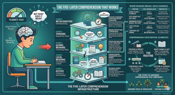 Infographic illustrating the five-layer comprehension model, showing how access, local meaning, global meaning, thinking, and metacognition stack to build reading understanding
