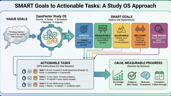 An infographic detailing the EaseFactor Study OS workflow for setting SMART goals. The process begins on the left with Vague Goals (e.g., "I'll study harder") entering a mechanical gear system representing the "Study OS" (Goals → Tasks → Schedule → Review → Adjust).