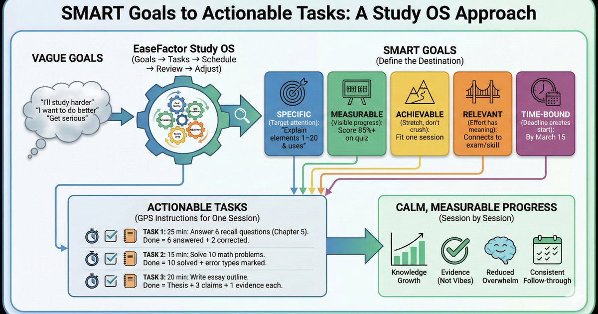 An infographic detailing the EaseFactor Study OS workflow for setting SMART goals. The process begins on the left with Vague Goals (e.g., "I'll study harder") entering a mechanical gear system representing the "Study OS" (Goals → Tasks → Schedule → Review → Adjust).