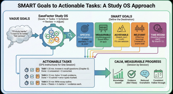 An infographic detailing the EaseFactor Study OS workflow for setting SMART goals. The process begins on the left with Vague Goals (e.g., "I'll study harder") entering a mechanical gear system representing the "Study OS" (Goals → Tasks → Schedule → Review → Adjust).