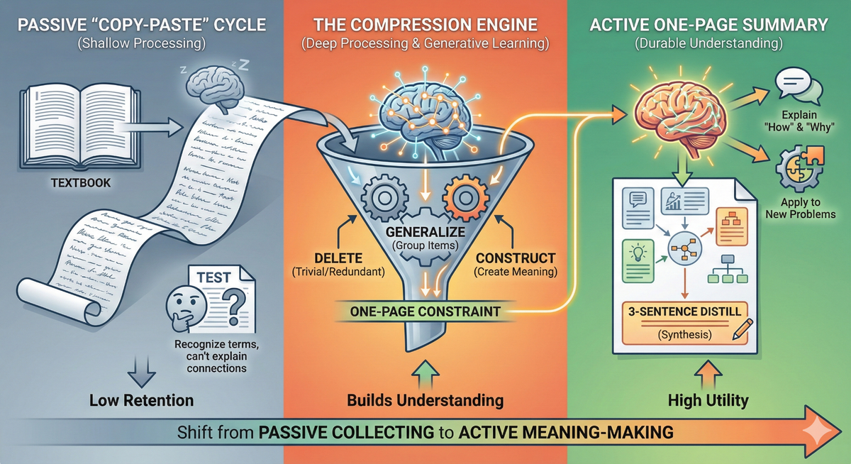 Infographic illustrating the one-page summary method, showing how compressing notes forces deep processing through deletion, generalization, and construction