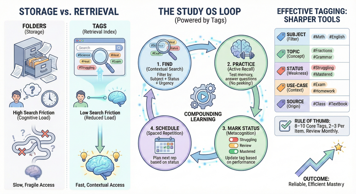 Infographic: Tagging as a Brain Index. Compares slow folder storage with fast tag retrieval. Details a 4-step Study OS Loop (Find, Practice, Mark, Schedule) and a starter tag kit (Subject, Topic, Status, Use-case, Source).