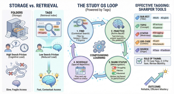 Infographic: Tagging as a Brain Index. Compares slow folder storage with fast tag retrieval. Details a 4-step Study OS Loop (Find, Practice, Mark, Schedule) and a starter tag kit (Subject, Topic, Status, Use-case, Source).