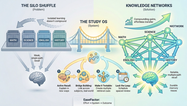 A three-section infographic. It contrasts isolated subject silos causing weak recall with a central "Study OS" bridge system of active recall and spaced repetition. This leads to a knowledge network and an energized, high-retention brain.