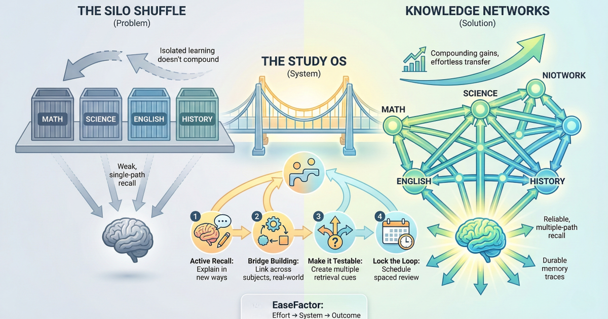 A three-section infographic. It contrasts isolated subject silos causing weak recall with a central "Study OS" bridge system of active recall and spaced repetition. This leads to a knowledge network and an energized, high-retention brain.