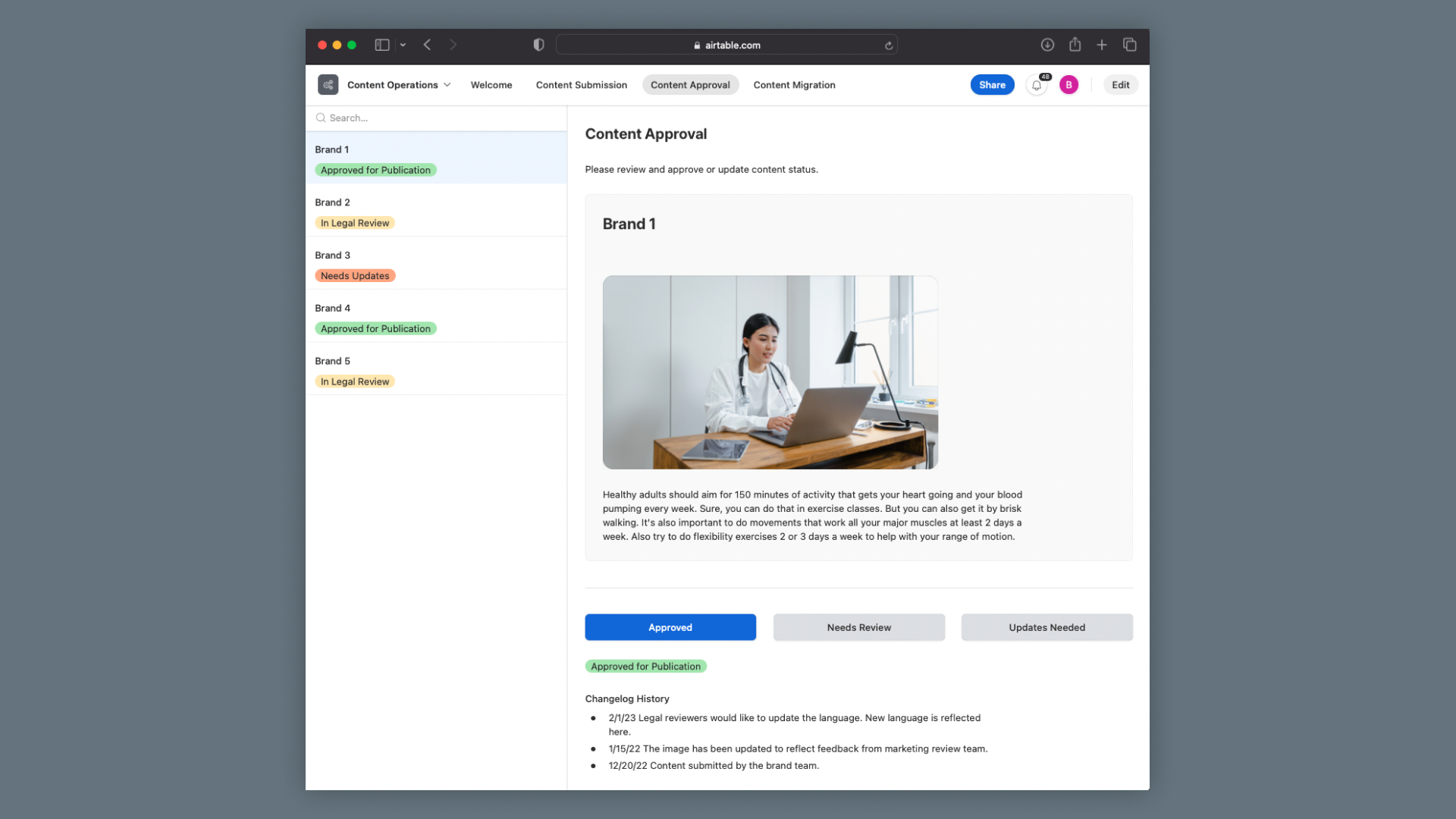 A browser with an example of a digital portal utilizing content operations