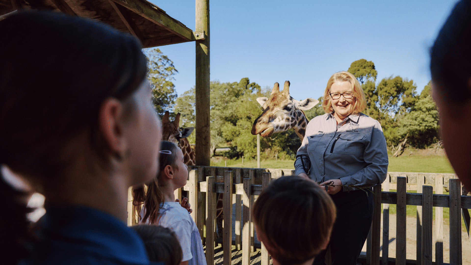 Children on the giraffe platform listening to a keeper, with a giraffe behind