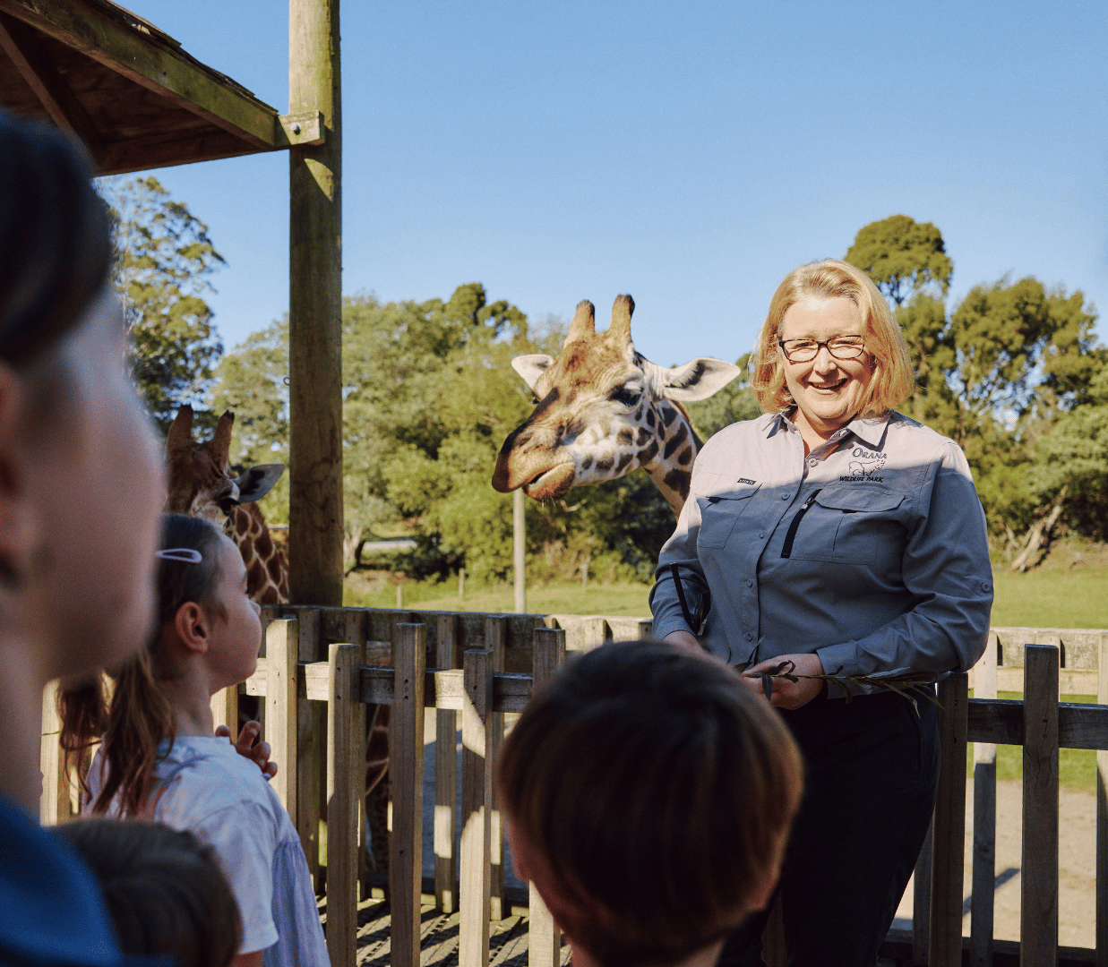 Children on the giraffe platform listening to a keeper, with a giraffe behind