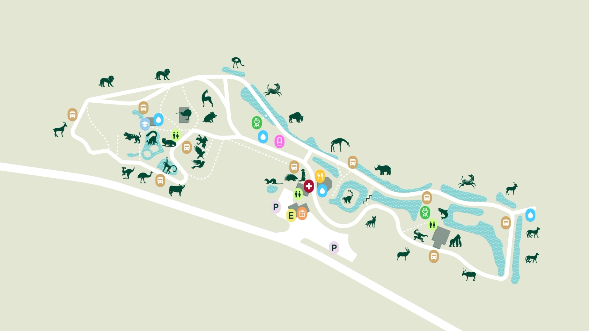 Illustrated map of Orana Wildlife Park showing the habitats and paths