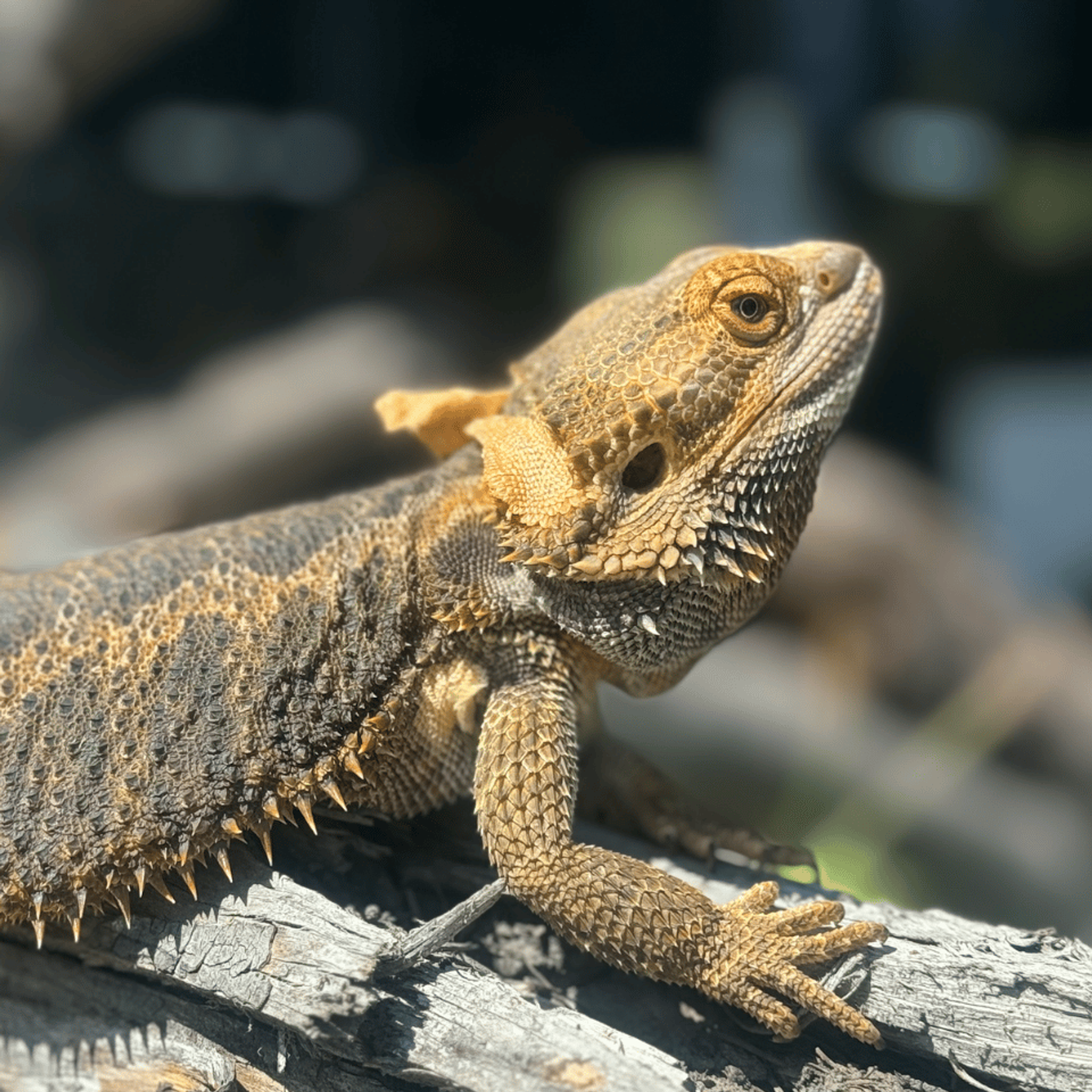A bearded dragon basking on a log in the sun