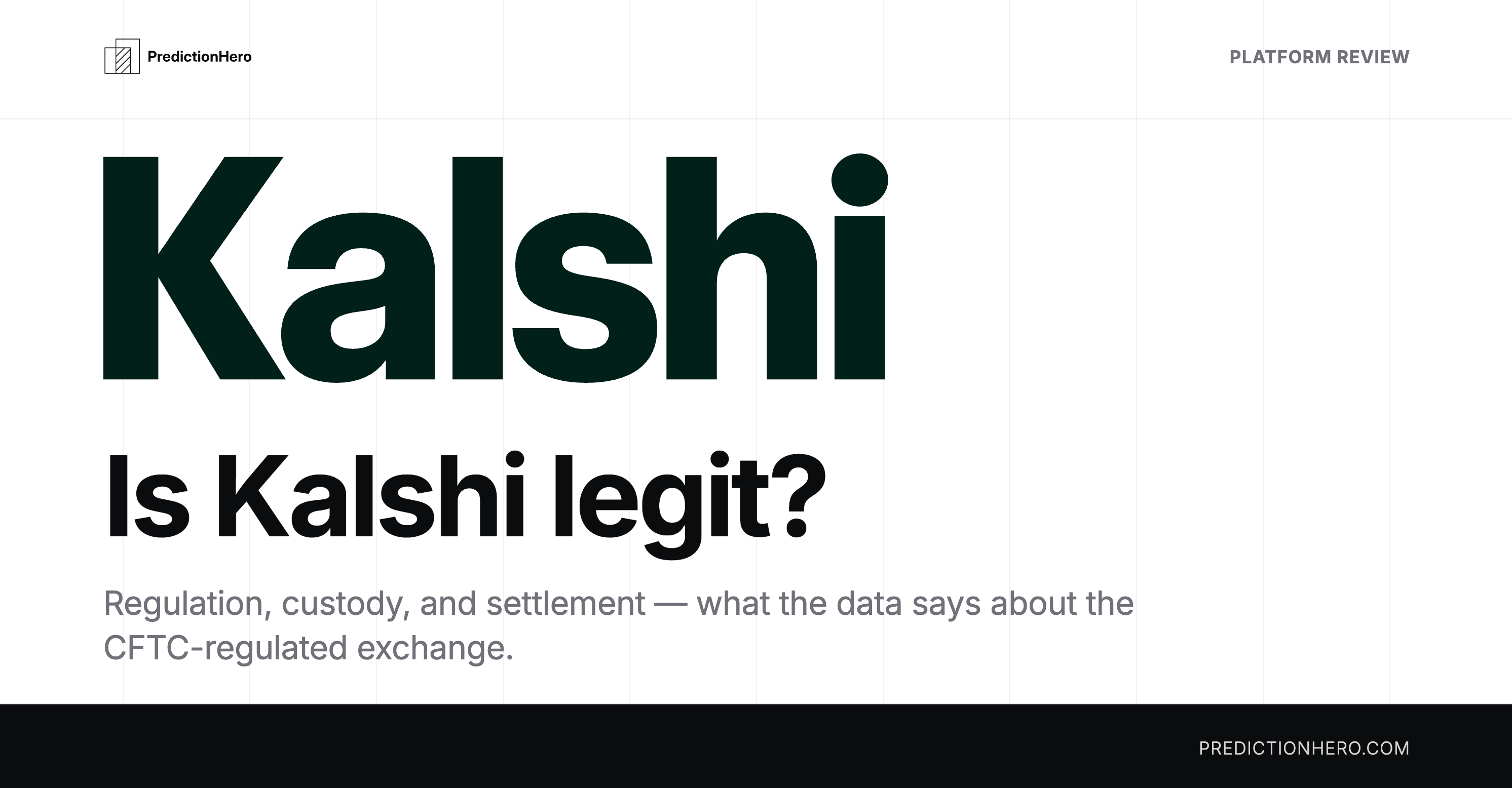 PredictionHero platform review header for 'Is Kalshi legit?' covering regulation, custody, and settlement on the CFTC-regulated exchange.