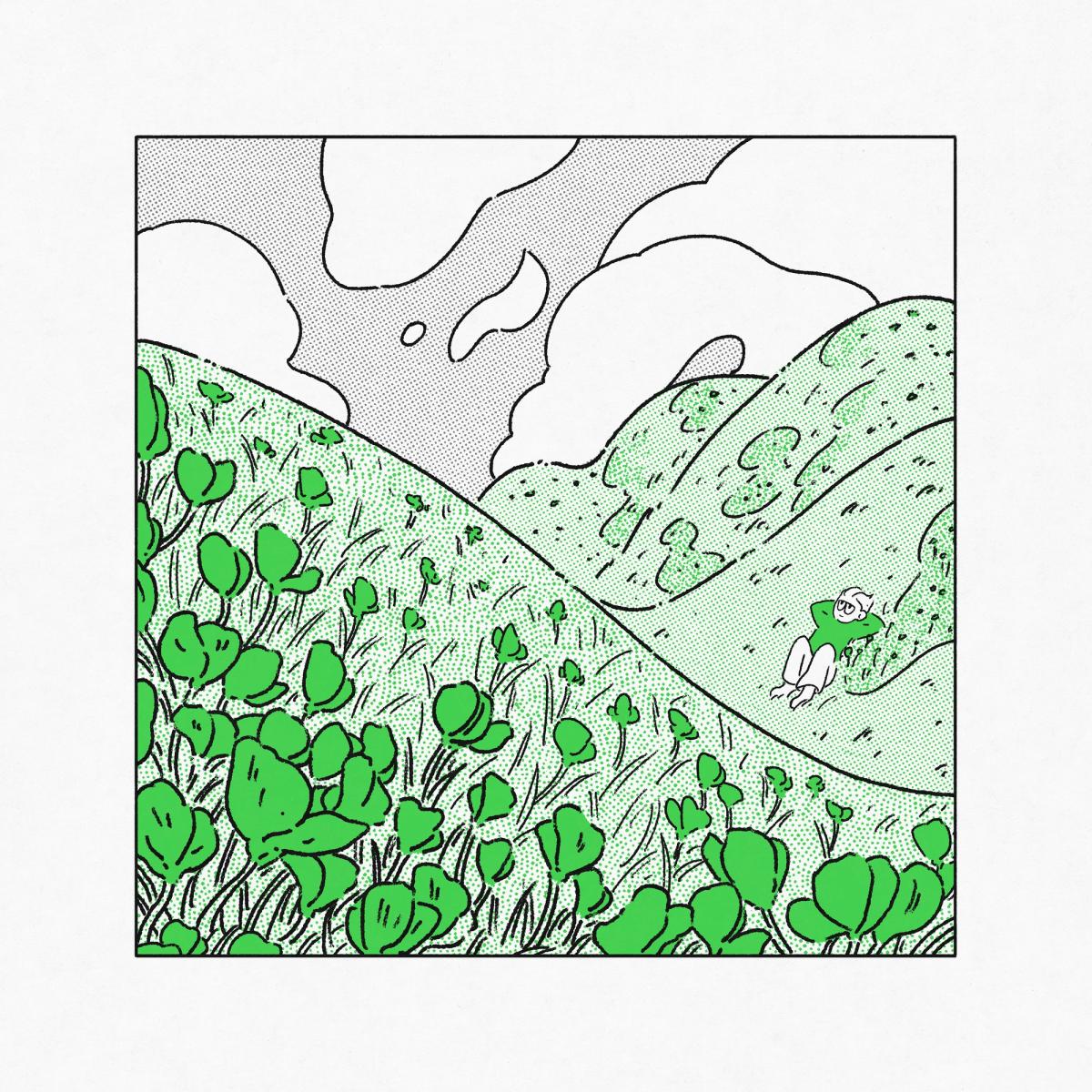 Green and black halftone illustration of a reclining figure among flower covered hills beneath oversized sun and cloud shapes.
