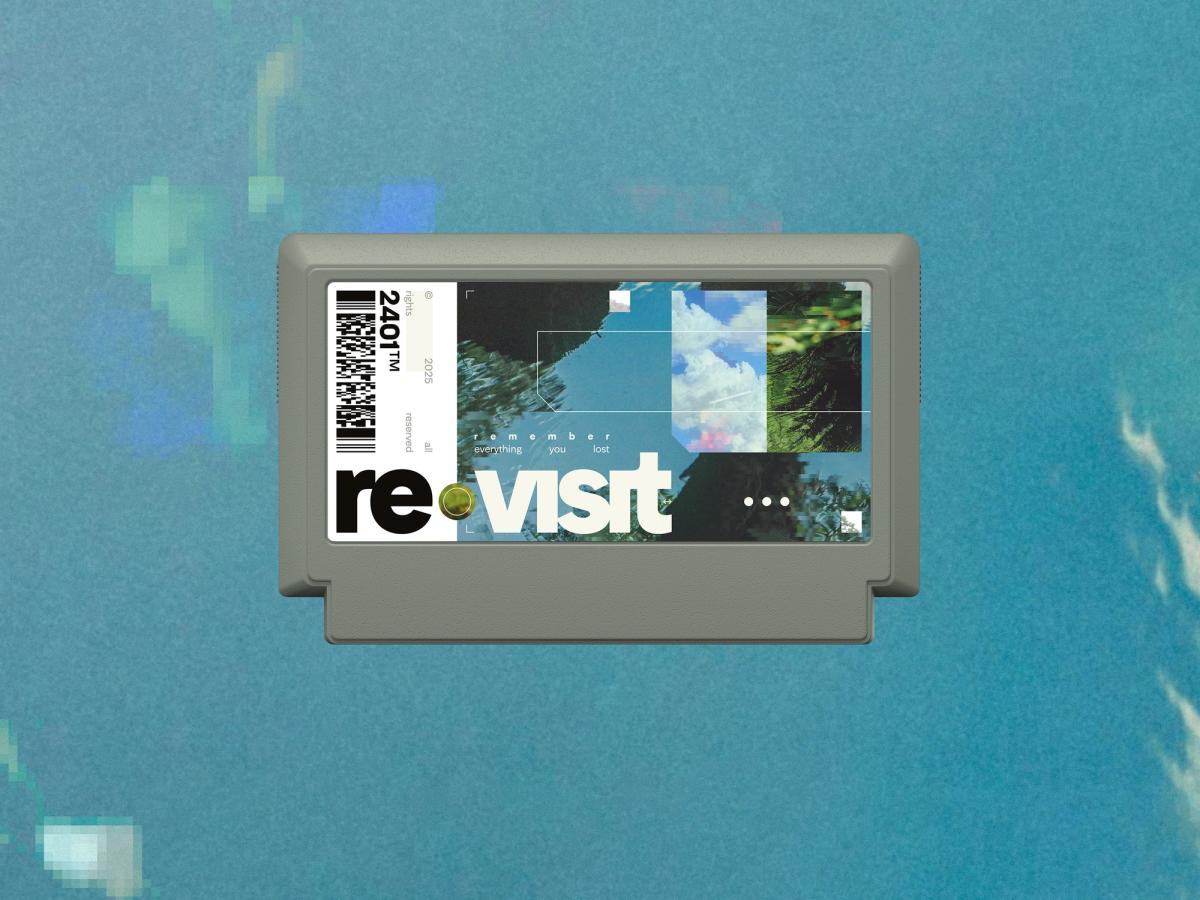 Grey Famicom game cartridge label combining oversized “revisit” title with glitched sky and foliage imagery. Tagline reads “remember everything you lost".