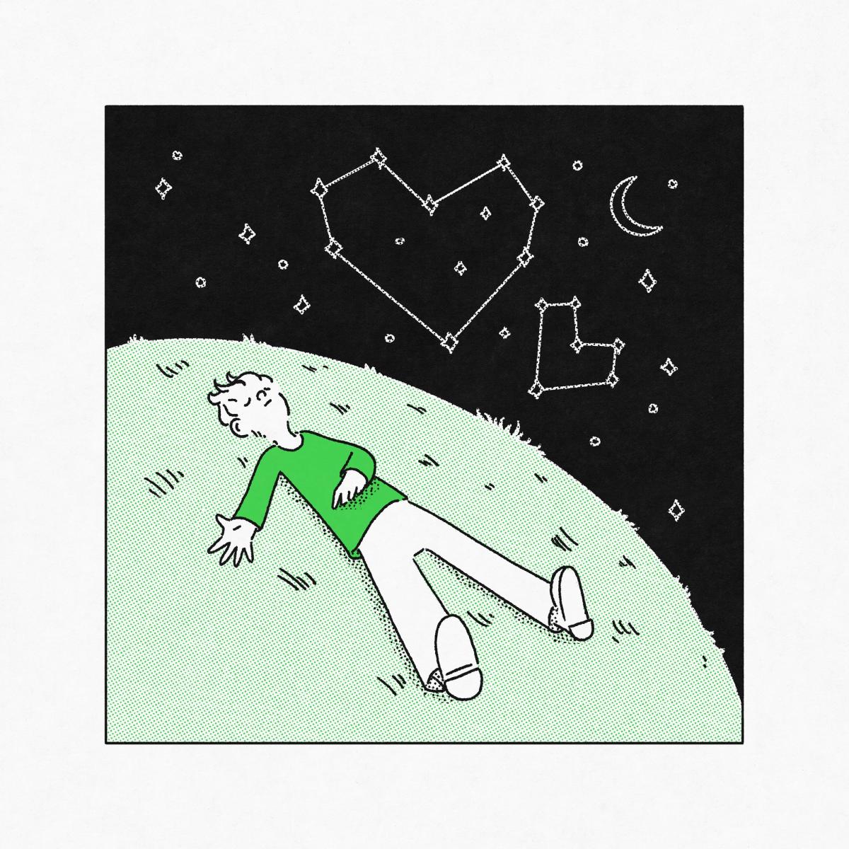 Green and black halftone illustration of a reclining figure on a hill beneath a crescent moon and two heart shaped constellations.