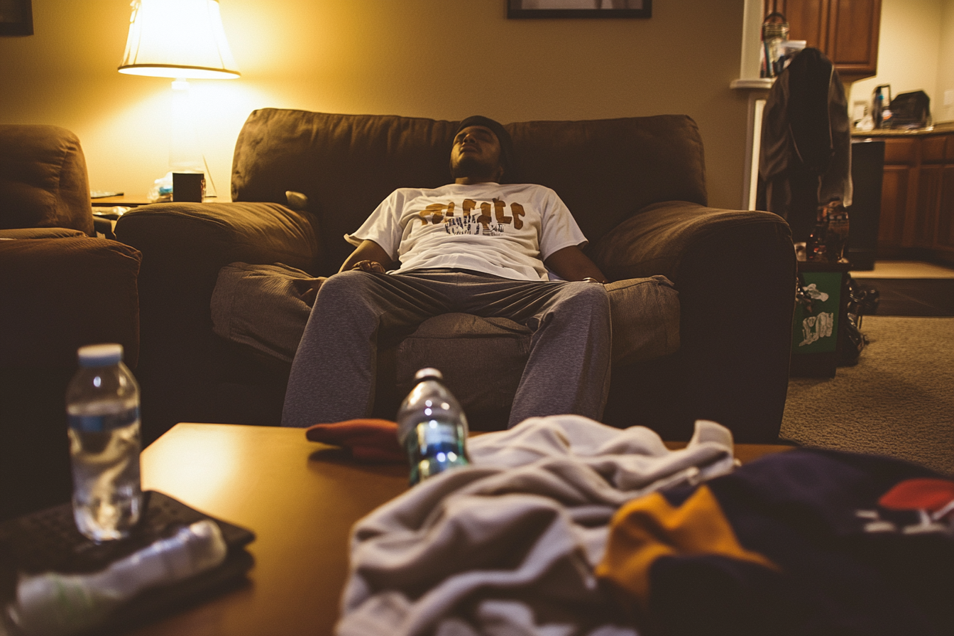 A man sleeping on a chair in a messy room