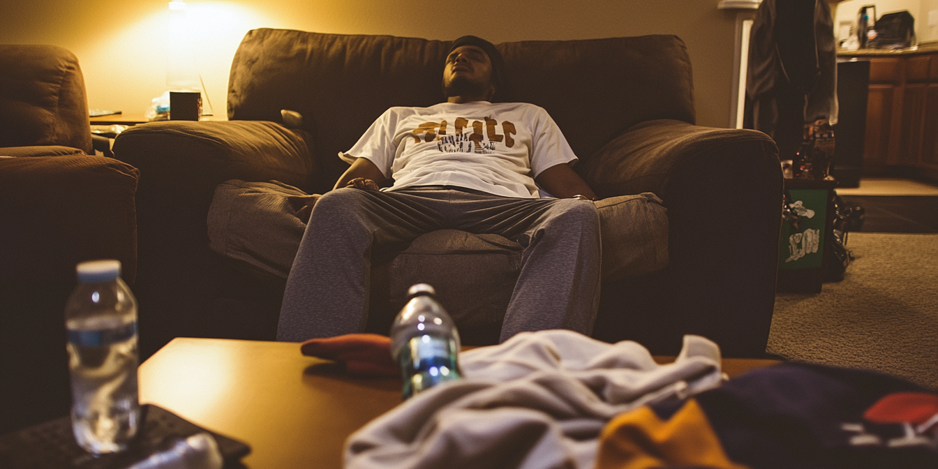 A man sleeping on a chair in a messy room