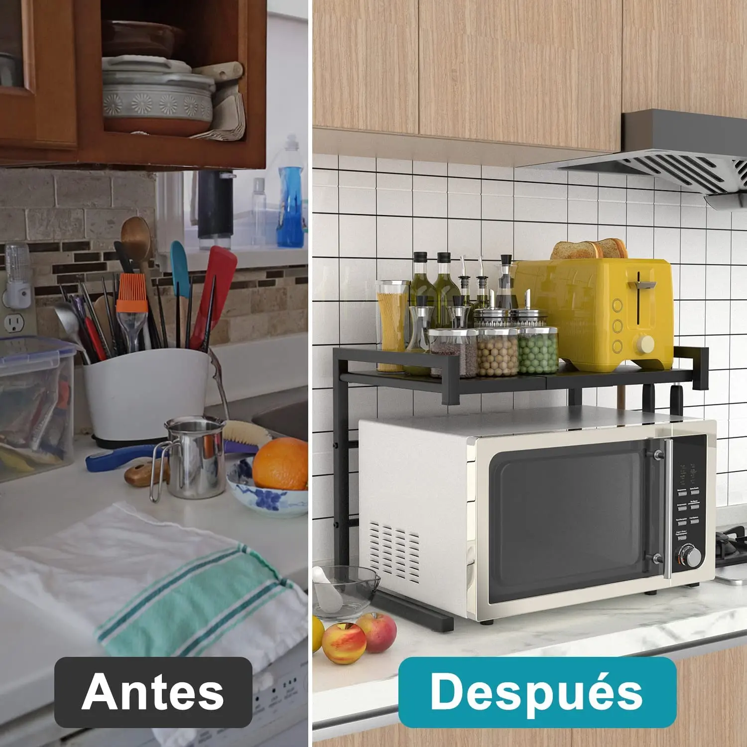 Estante para cocina, ideal para colocar sobre el microondas y aprovechar el espacio por encima. Gran capacidad de carga y además se puede extender