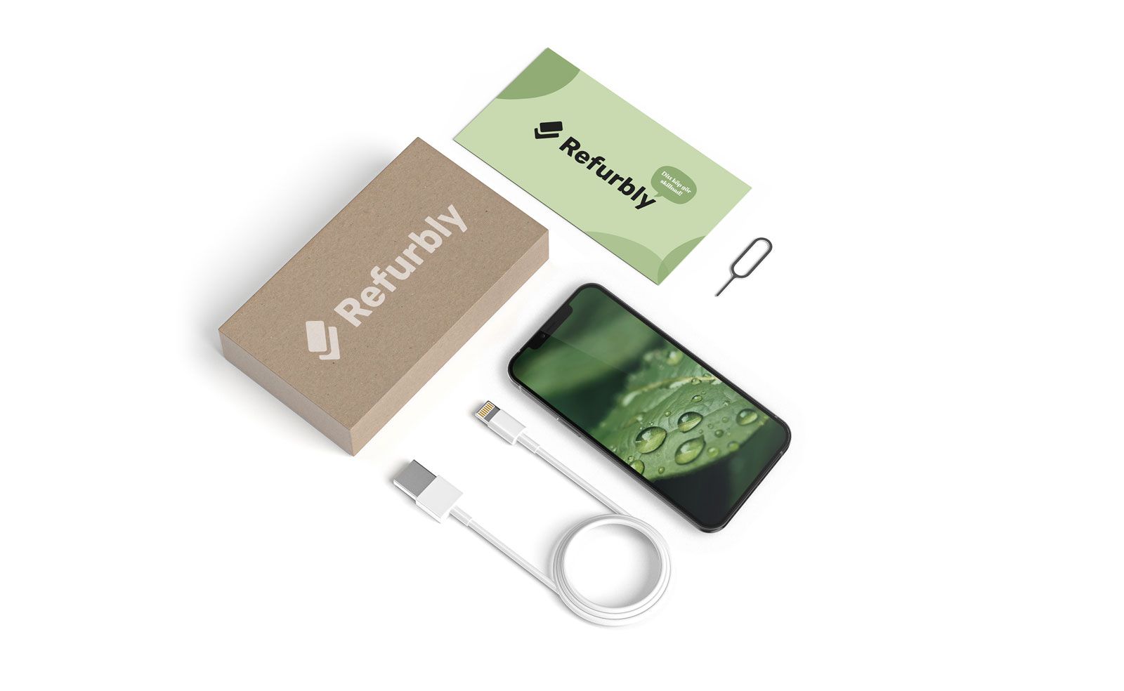 Refurbly-lådans innehåll med iPhone 13 mini