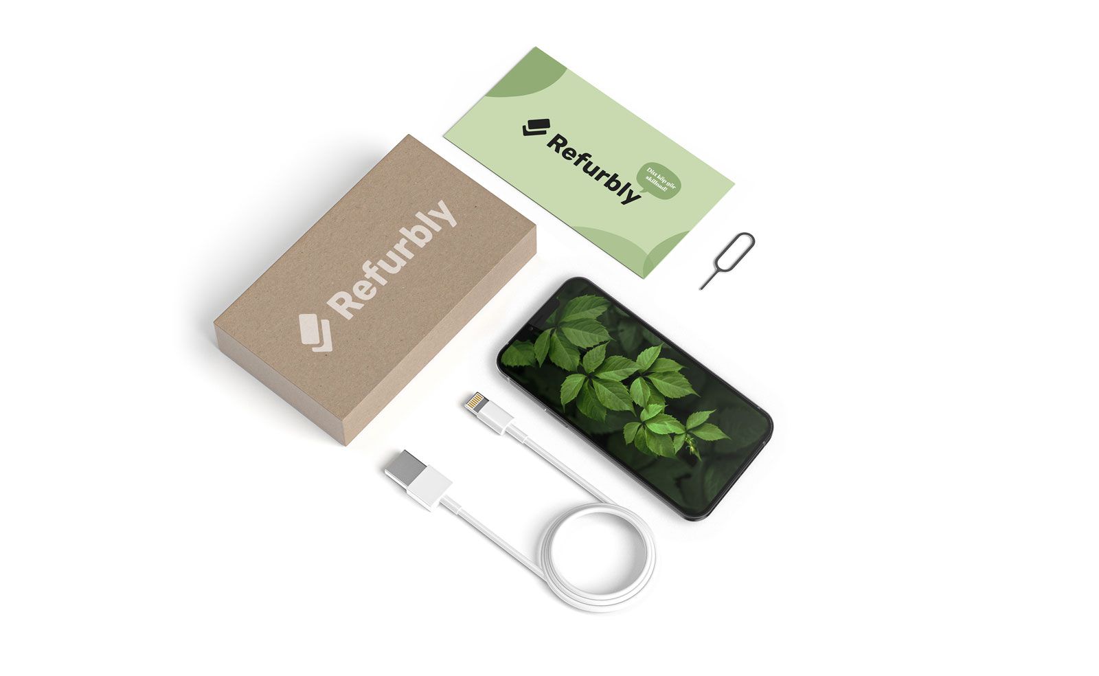 Refurbly-lådans innehåll med iPhone 11