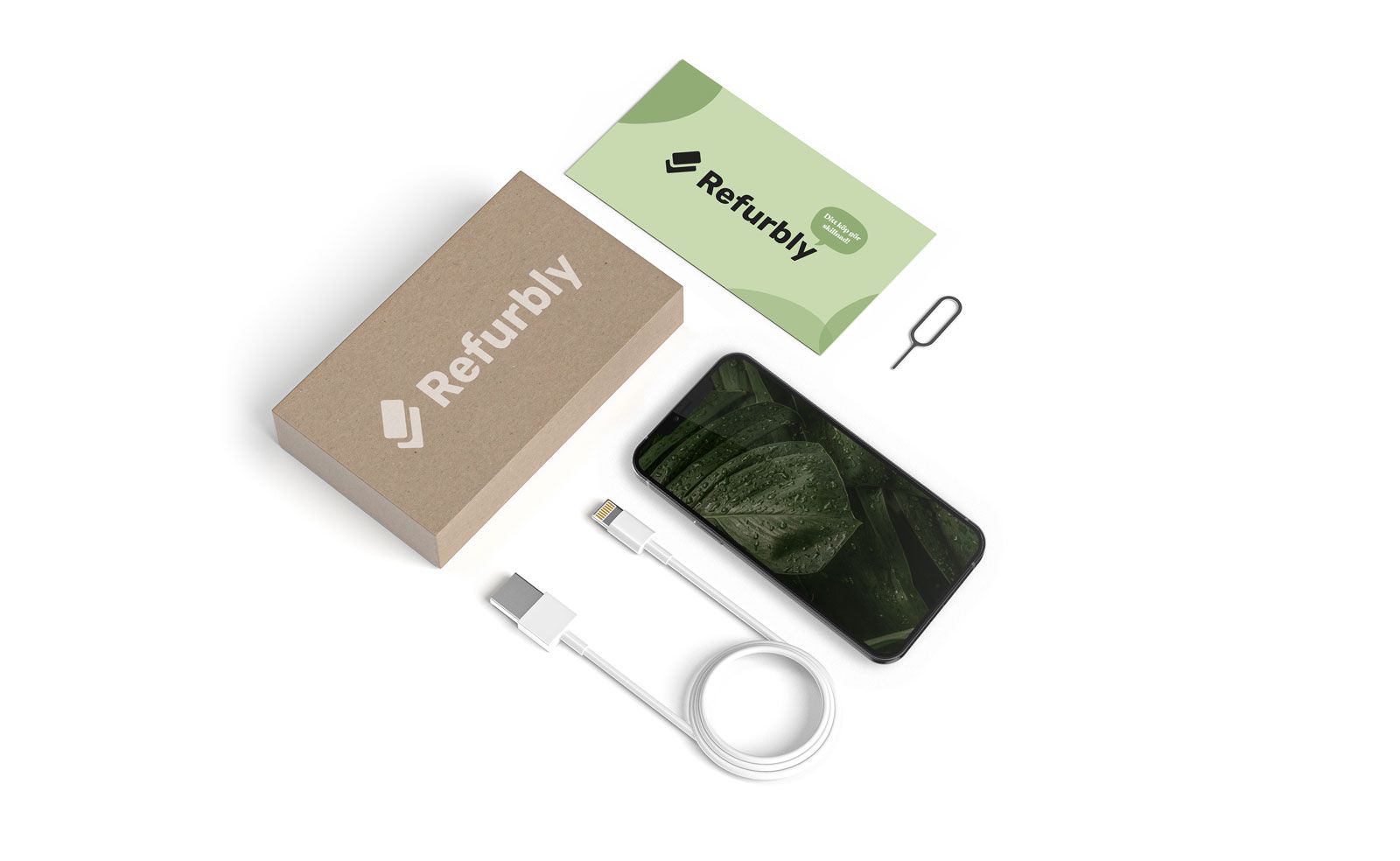 Refurbly-lådans innehåll med iPhone 12 Mini