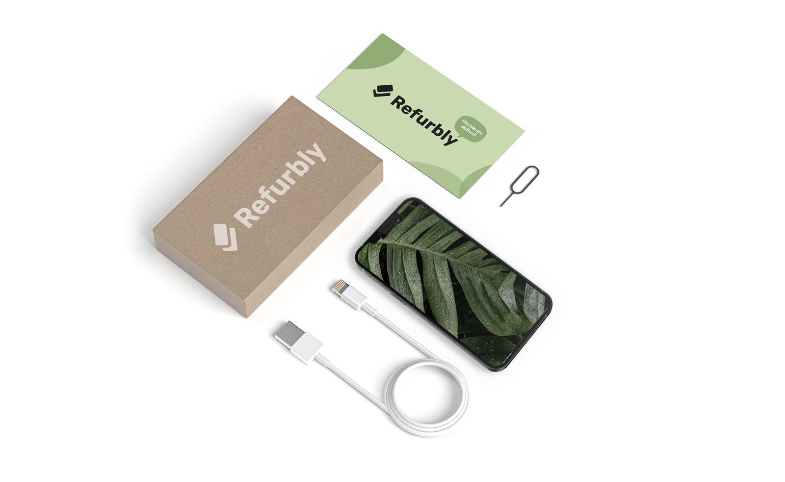 Refurbly-lådans innehåll med iPhone 12