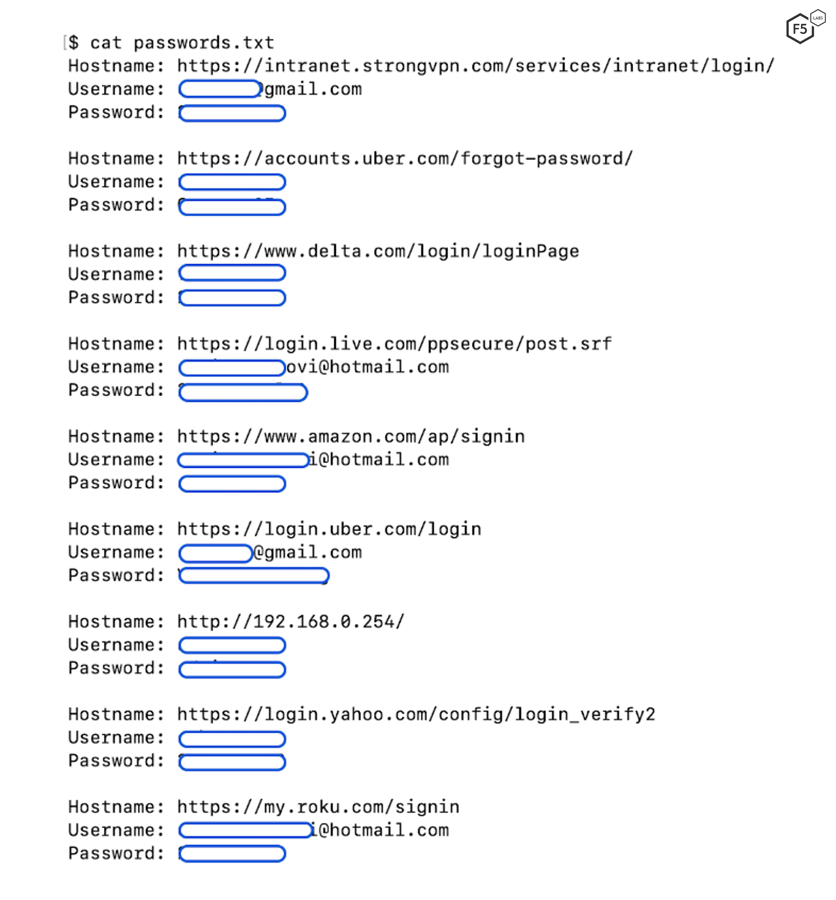 Figure 4. Stolen usernames and passwords from compromised system.