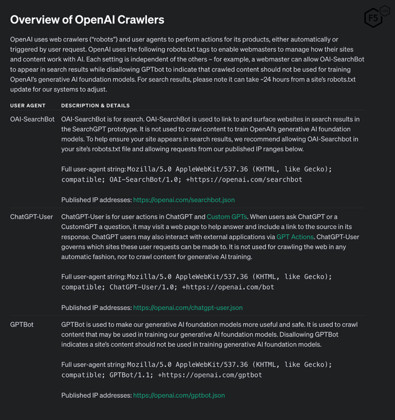 Figure 3: Screenshot of Open AI’s scraper bots documentation page