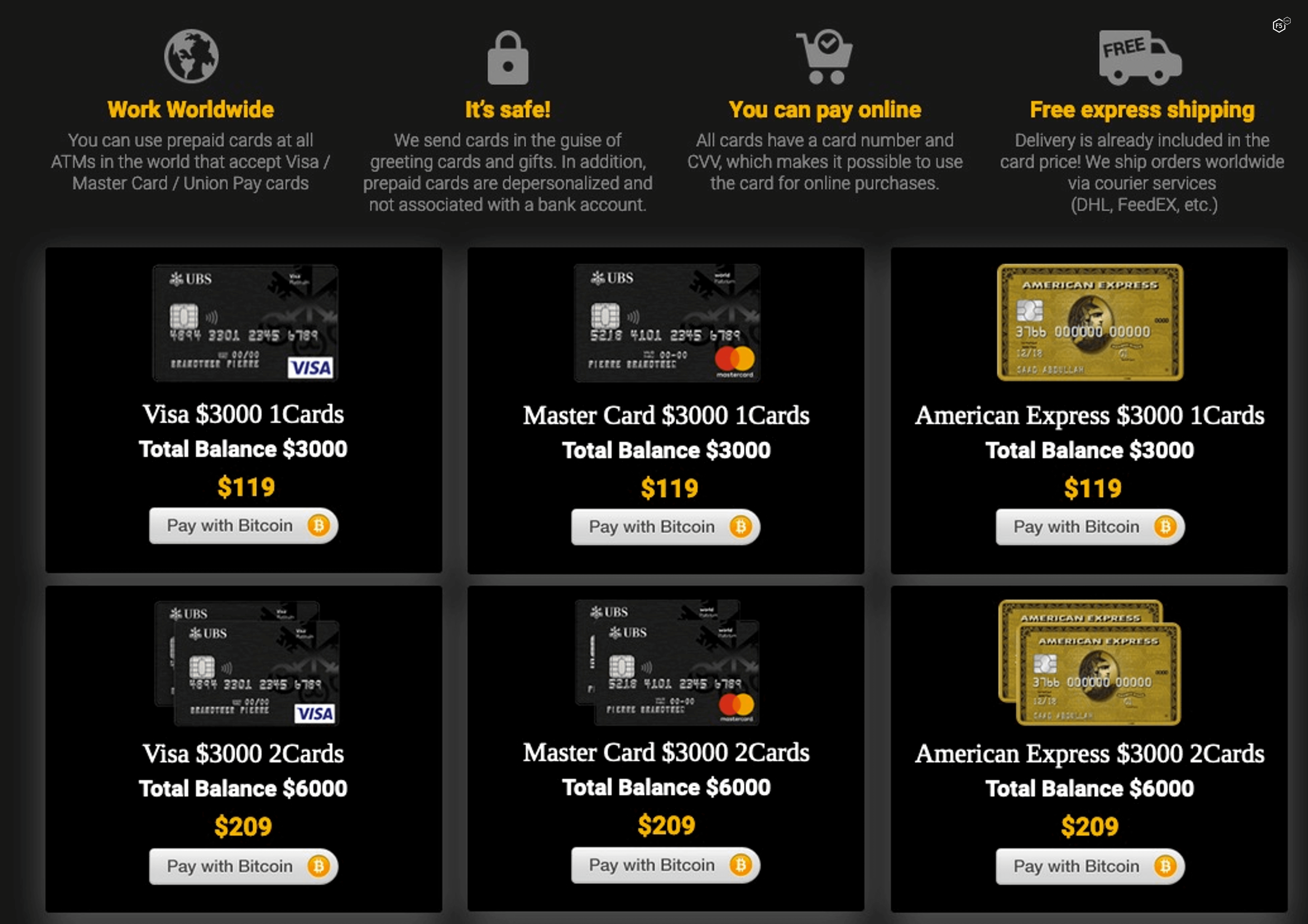 Screenshot of a dark web advertisement for compromised payment cards.