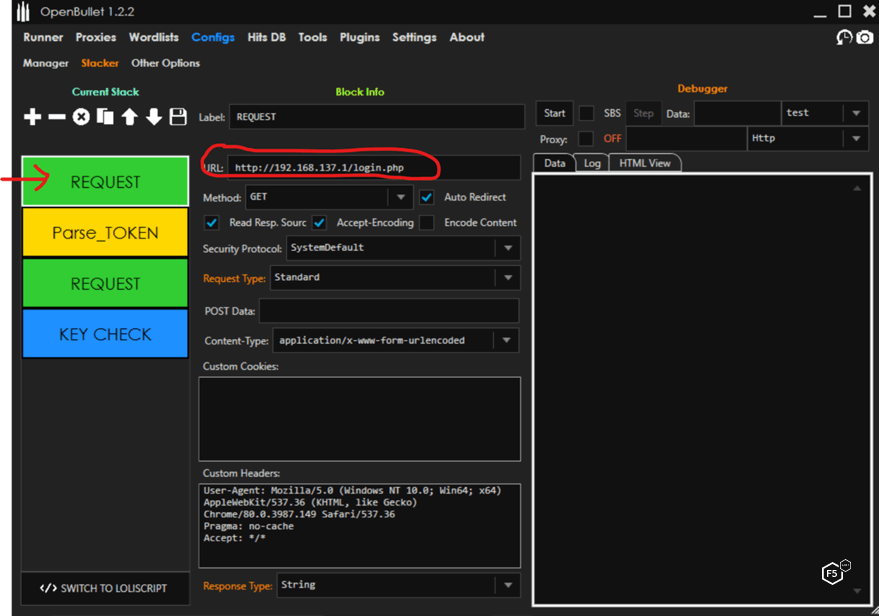 A screencap showing the OpenBullet credential stuffing tool interface, demonstrating how to configure a request.
