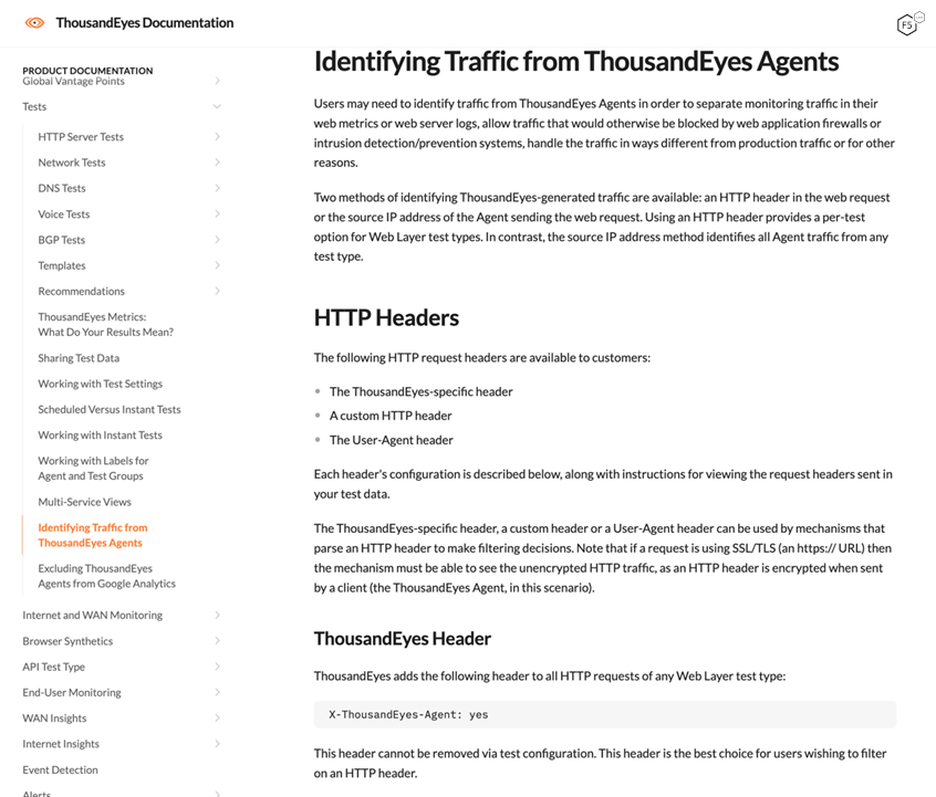 Figure 4: Screenshot of Thousand Eyes documentation User-agent based identification