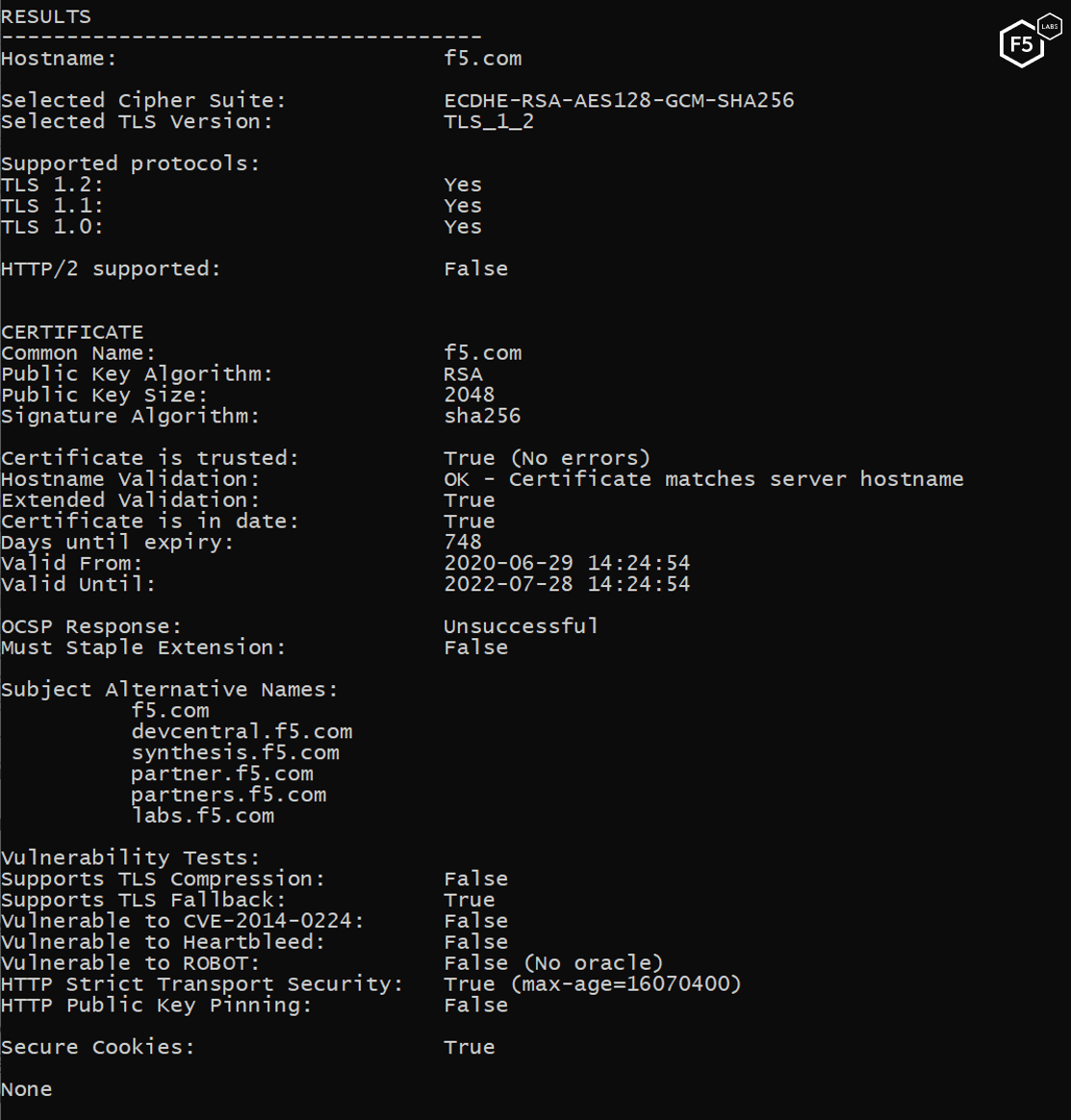 Figure 5. Viewing the Cryptonice scan results for f5.com