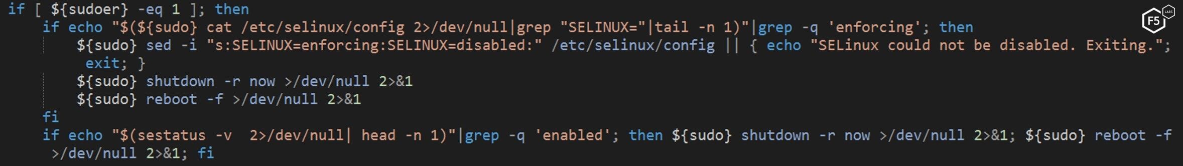 Figure 19: The NTP script looking for and attempting to disable SELinux