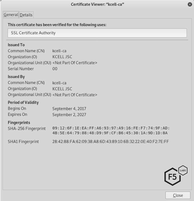Figure 13 The root “safety” certificate kcell-ca.crt from Activ.kz