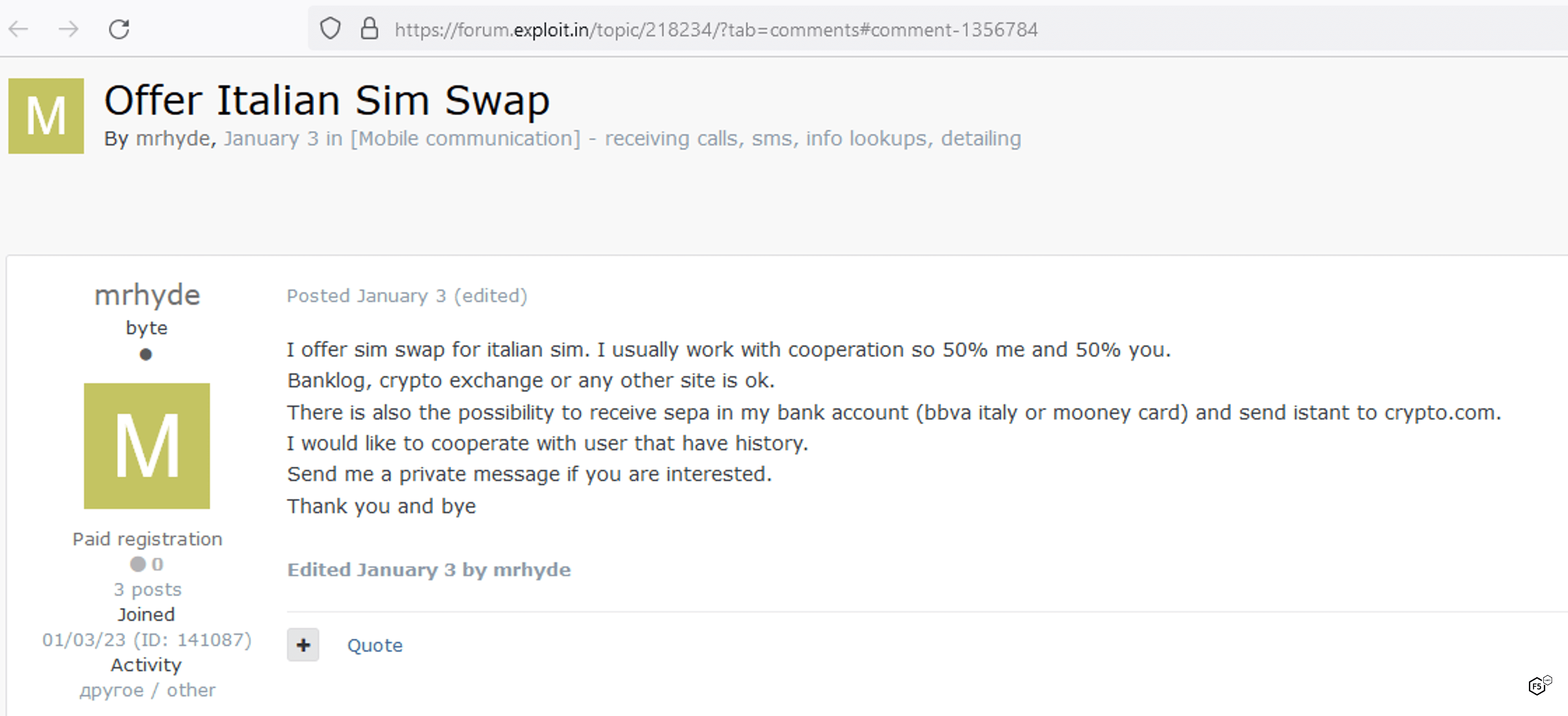 Dark web post by an insider threat at a telecommunications company, offering SIM swaps for a 50% cut of profits