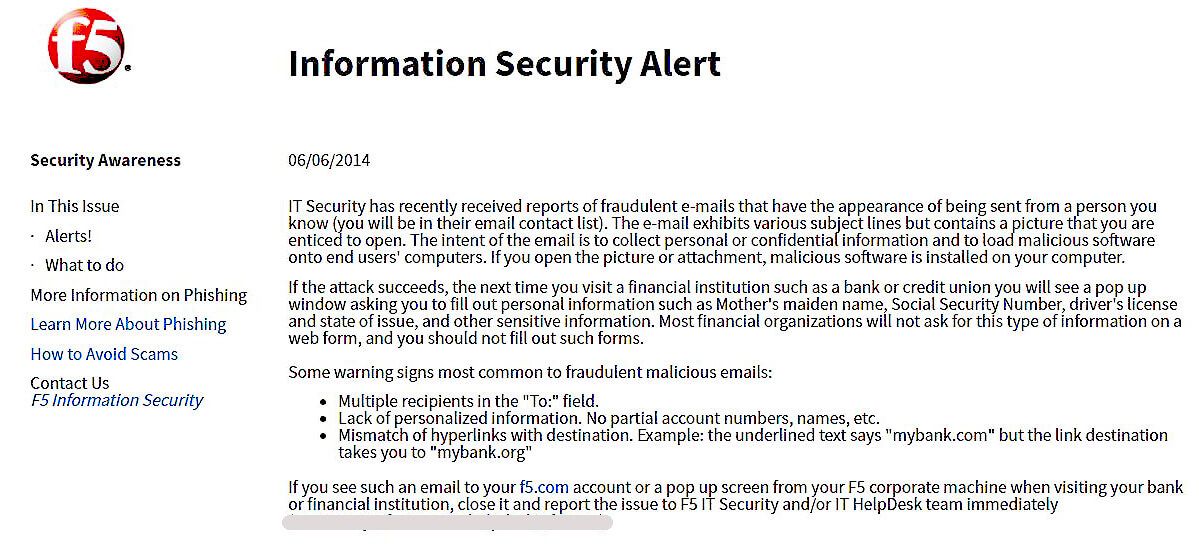 Figure 28: An example of a security alert sent to F5 employees from the Security Awareness team